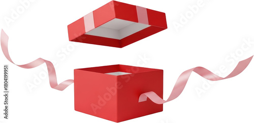 Open red gift box with loose pink ribbon lid detached white interior visible isolate present surprise celebration holiday birthday Christmas valentines day