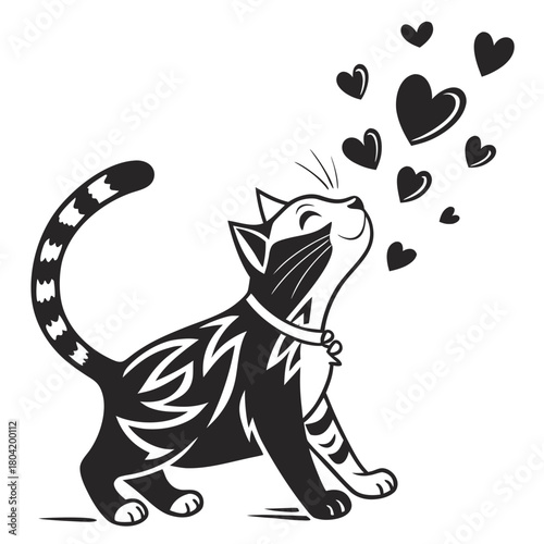 Black and white cat looking up at floating hearts with a patterned body and a collar around its neck