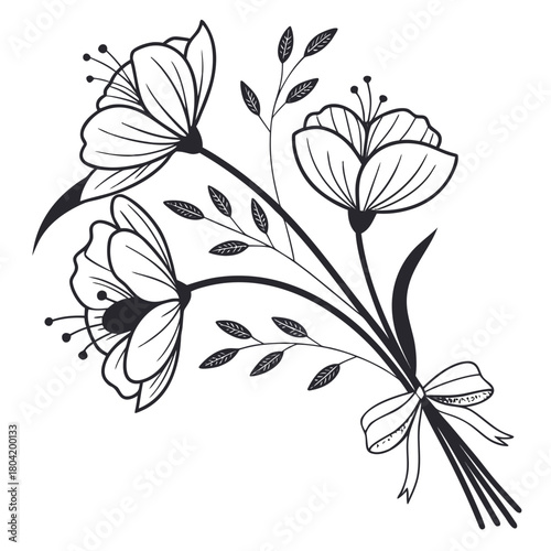 Elegant floral bouquet illustration featuring delicate flowers leaves and a tied ribbon in black and white
