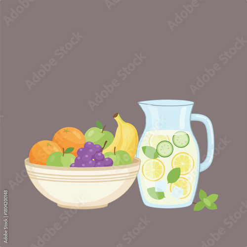 A cartoon image shows a bowl of fruit next to a pitcher of water with lemons and cucumbers in it on a taupe background.