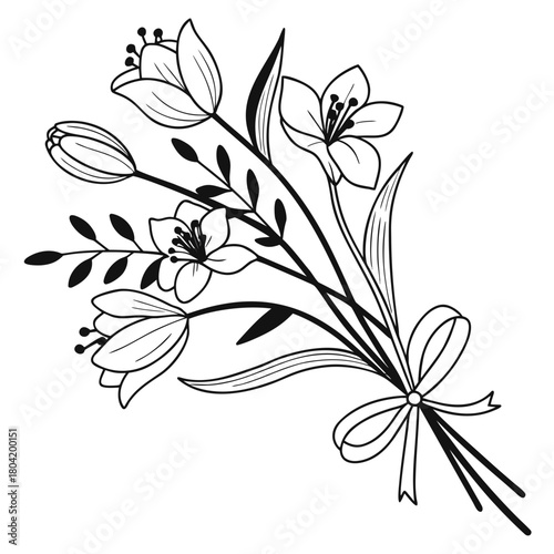 Elegant floral bouquet illustration featuring tulips lilies and decorative leaves tied with a ribbon bow