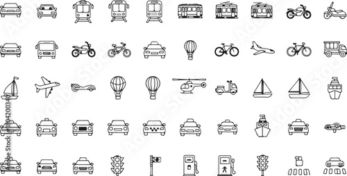 Transportation Icons Set Variety of Vehicles in Black and White Style