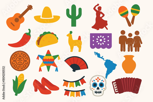 Mexican Culture Icons Guitar, Taco, Sombrero, and More