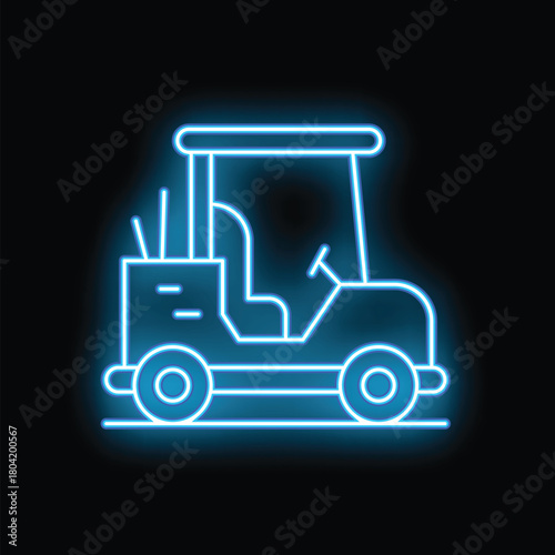 Blue neon icon of a golf cart glowing on a black background
