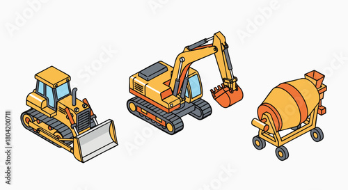Heavy construction vehicles bulldozer excavator cement mixer isometric perspective industrial machinery equipment engineering building work site vector illustration flat design outline cartoon