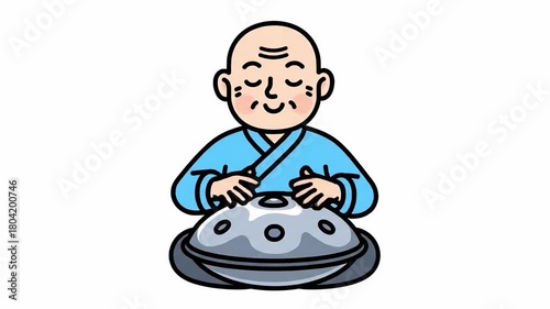Animated monk playing hang drum in serene sequence, capturing peaceful melodies and spiritual