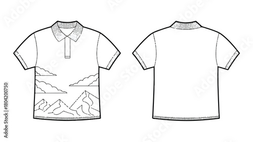 Classic white polo shirt isolated on white background with short sleeves and a subtle mountain landscape design, perfect for a casual yet stylish wardrobe