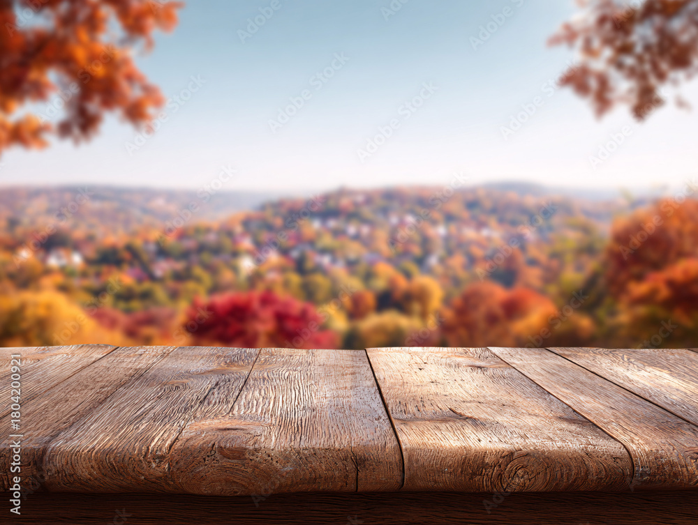 Obraz premium Wooden table with autumn cityscape view and fall leaves in foreground seasonal urban scene