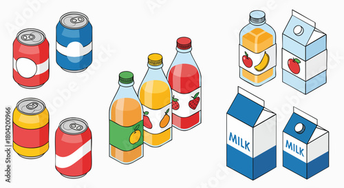 Isometric flat design beverage packaging set cans bottles cartons juice milk soda vector illustration drinkware liquid food pop