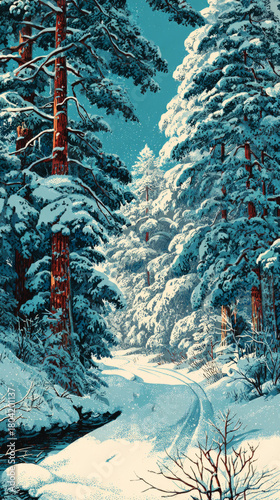 A beautiful snowy path is seen in a retro forest setting. Tall, bare trees surround the scene, and soft snow blankets the ground, evoking a peaceful Christmas atmosphere