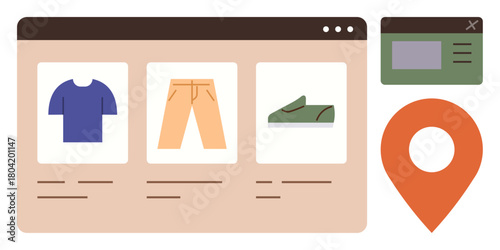 Online store interface featuring clothing and footwear products, pop-up window, and orange location pin. Ideal for e-commerce, shopping, retail, delivery, navigation, local business simple landing