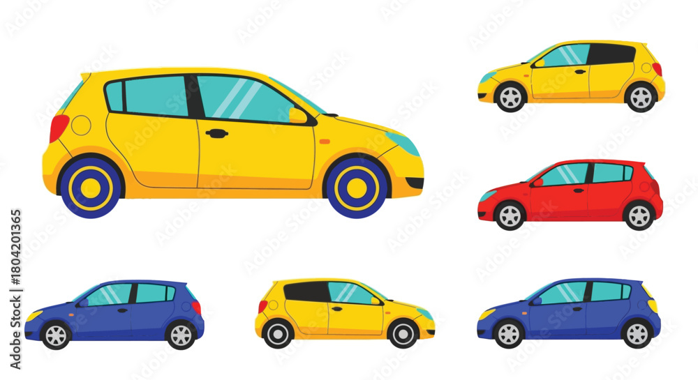 Fototapeta premium Colorful cartoon depictions of small city cars in various views and shades
