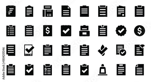 Collection of monochrome document list and financial icons displayed in a grid