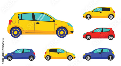 Colorful cartoon depictions of small city cars in various views and shades
