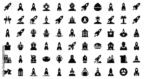 Collection of various space exploration icons and symbols in a flat design