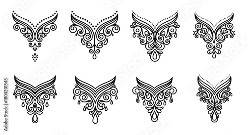 intricate black and white ornamental designs resembling traditional henna patterns