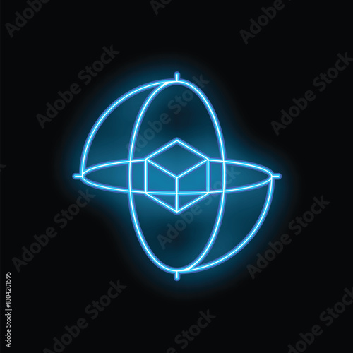 Blue neon icon of a cube rotating on axis, representing 3d modeling software