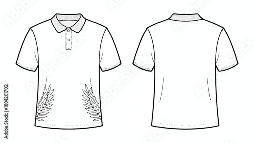 Front and back view of a white polo shirt with laurel wreath design isolated on white background, showcasing a stylish and classic garment design