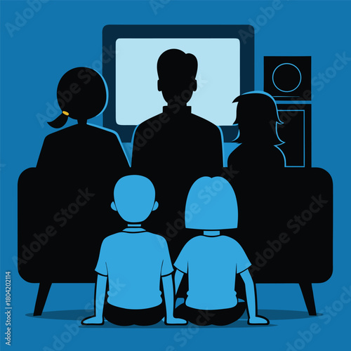 Family watching television together at home, parents and children enjoying entertainment, spending quality time in living room, bonding experience.