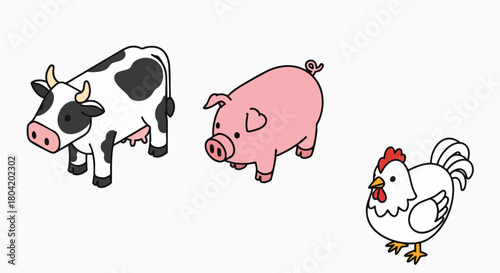 Cute cartoon farm animals vector illustration set cow pig chicken flat design graphic livestock agriculture barnyard simple icon