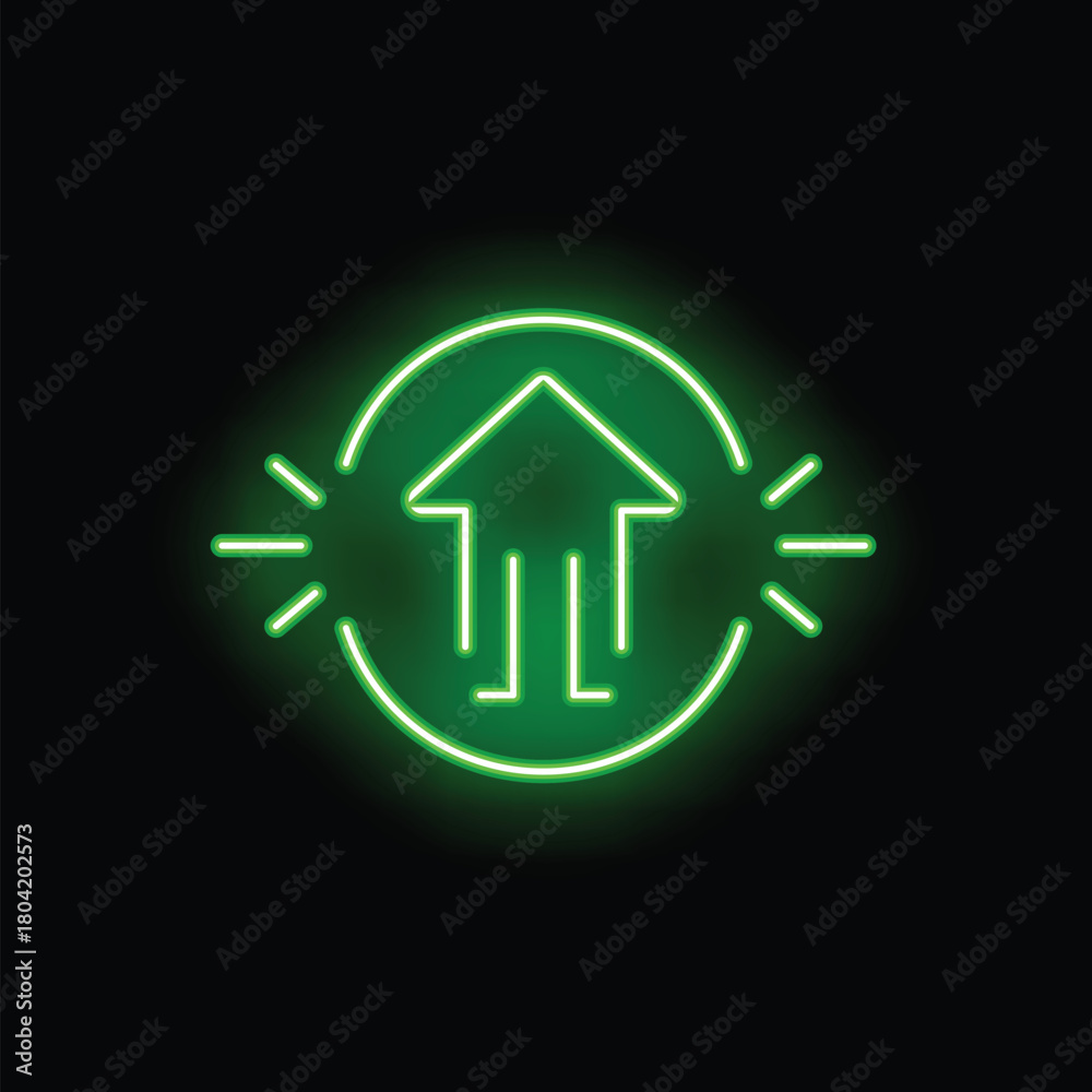 Naklejka premium Neon green glowing house icon with an arrow pointing upward inside a circle