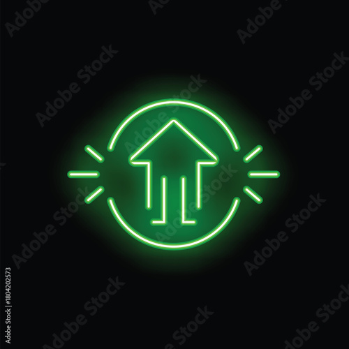Neon green glowing house icon with an arrow pointing upward inside a circle