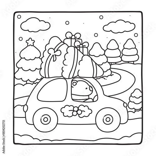Capybara Christmas Fun Coloring Pages, Whimsical Gingerbread House Coloring Pages for Kids & Adults, Christmas Coloring Pages, bold & easy cozy winter coloring book pages, victor art. line art.