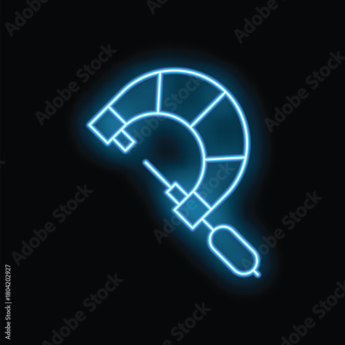 Blue neon sign depicting a micrometer screw gauge, a precision measuring instrument used in engineering and manufacturing