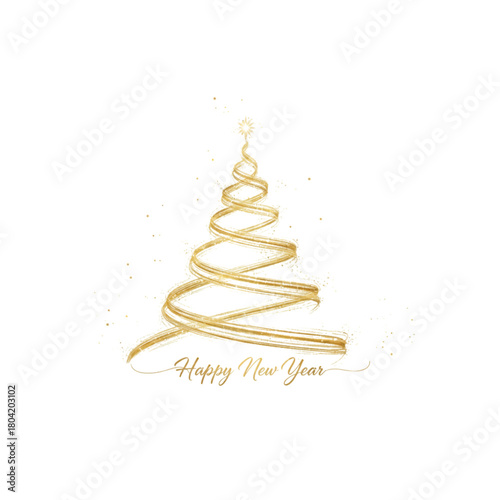 christmas tree made with golden light streaks, soft particles, elegant minimal glow, white background, new year celebration design