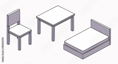 Isometric home furniture collection flat design illustration vector bed table chair room office apartment interior graphic minimal assets