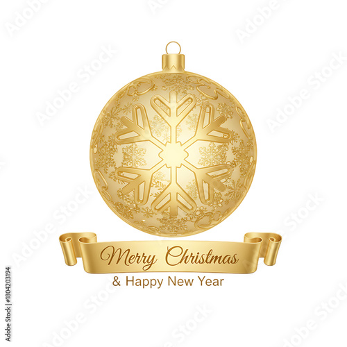 cute golden ornament with snowflake pattern, soft glow, elegant festive shine, white background, high-detail 3d render, merry christmas & happy new year theme