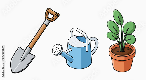 Charming gardening tools and potted plant collection vector illustration flat design shovel watering can plant spring garden hobby cartoon isolated kit