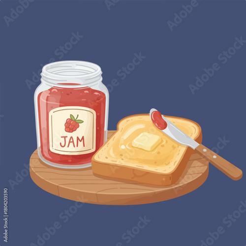 This image shows a jar of jam with a label that reads "JAM", next to a slice of toast with a pat of butter and a knife.