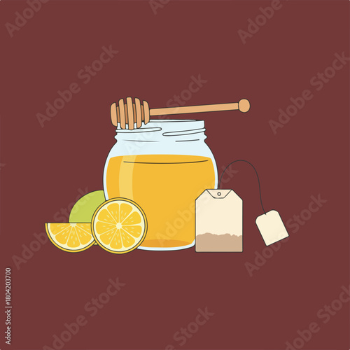 A drawing of a jar of honey with lemon slices and a tea bag beside it, with a honey dipper resting on top of the jar.