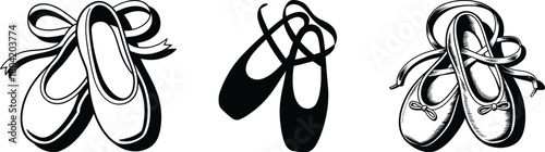 Three illustrations of ballet shoes in different styles