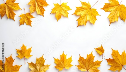 Autumnal image with vibrant golden maple leaves arranged against a clean white backdrop