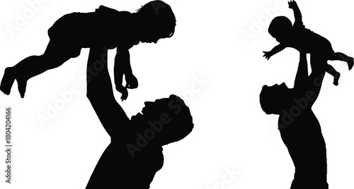 Silhouettes of fathers holding their children up in the air