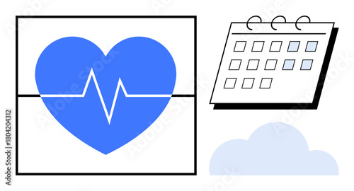 Blue heart with heartbeat line, calendar, and cloud elements symbolizing health monitoring, planning, and connectivity. Ideal for wellness, scheduling, telemedicine, healthcare fitness data simple
