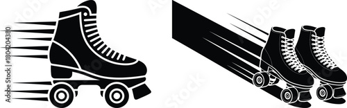 Illustration of roller skates with speed lines in black and white