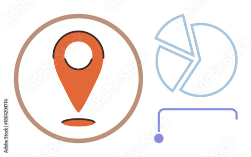 Orange location pin inside circle, segmented pie chart, and connector line. Ideal for data visualization, location tracking, analytics, business planning, presentation, statistics simple flat
