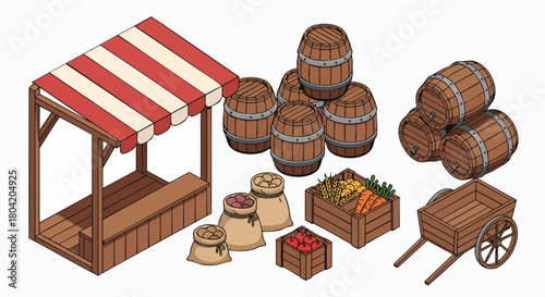 Isometric market stall barrels crates sacks cart elements flat design vector illustration game asset fantasy medieval produce goods vendor