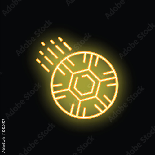Neon sign illustrating a soccer ball moving fast like a comet, with a bright yellow color on black background