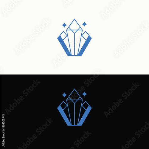 A striking crystal logo design featuring a geometric shape with a sharp edges, set against a contrasting blue and black background, perfect for jewelry and luxury themes