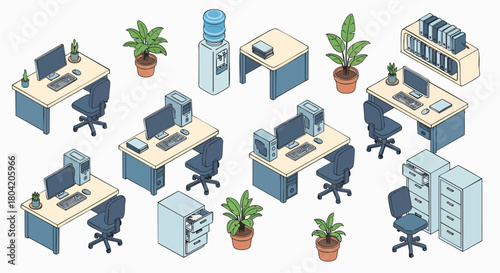 Collection of isometric office furniture and workspace elements vector illustration flat design modern office assets computers desks chairs plants file cabinets