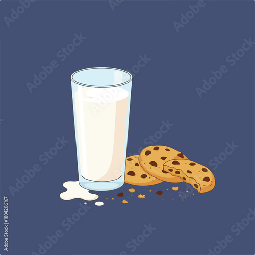 A tall glass of milk sits next to three chocolate chip cookies, one partially broken, with crumbs and spilled milk adding a touch of whimsy.