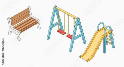 Isometric playground park equipment slide swing bench isolated vector illustration flat design kids outdoor fun play children graphic