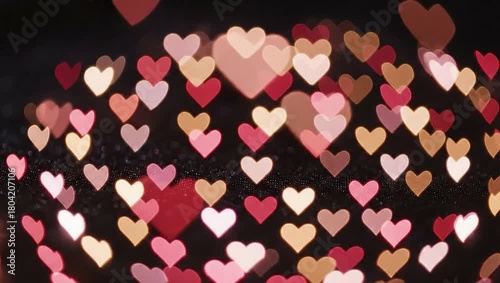 Heart-shaped bokeh lights create a romantic and festive atmosphere.