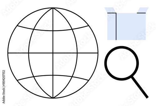 Globe outlines geographic connection, box for shipping or packaging, magnifying glass for research or exploration. Ideal for e-commerce, logistics, globalization, research, data, trade analysis