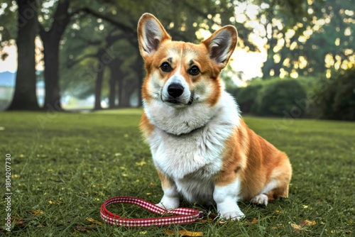 Adorable pembroke welsh corgi sits patiently in a grassy park