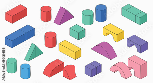 Colorful isometric geometric shapes set building blocks educational toys vector illustration flat design 3d render objects abstract creative art school kids play